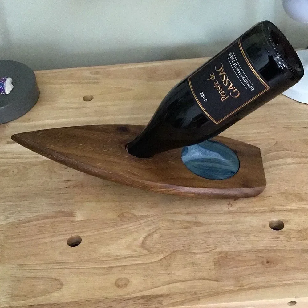 Wine Bottle Display, Bar Accessory, Wood and Agate, New without Tags
